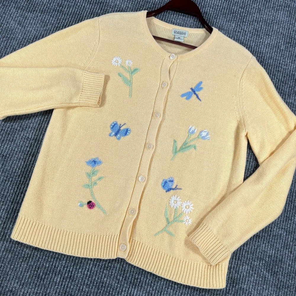 Classic Element Sweater Womens Medium Yellow Floral Button Up Long Sleeve